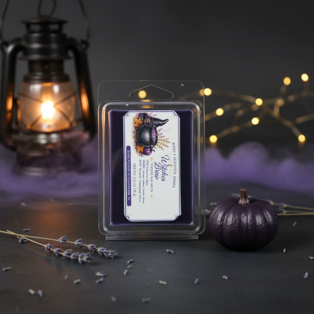 Witches Brew purple wax melts by Rene’s Scented Spark displayed with a glowing lantern, dark purple pumpkin, lavender sprigs, and soft purple mist.